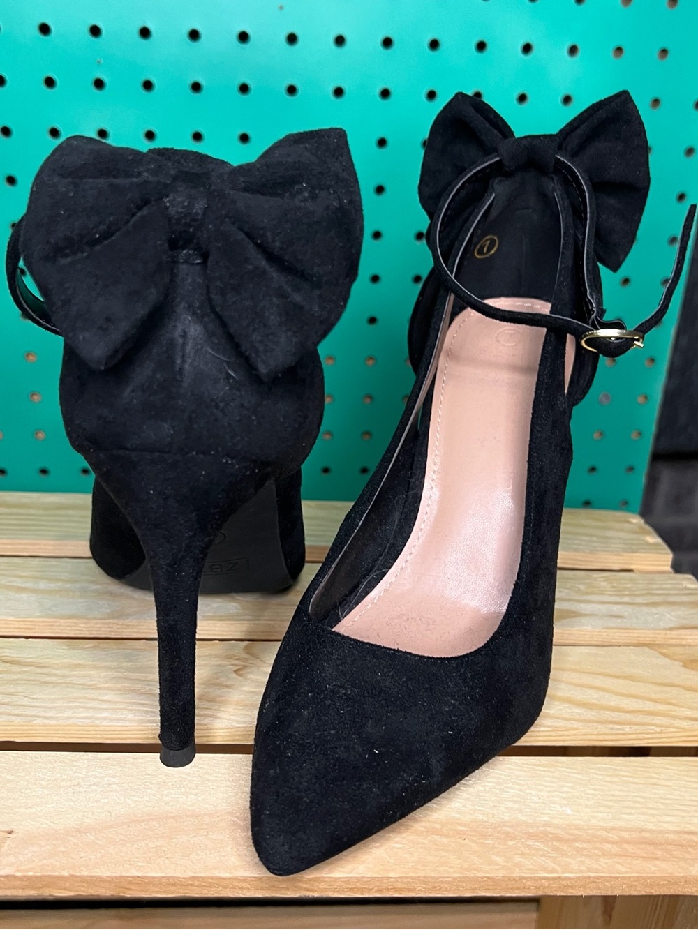 Black Pointed Toe Ankle Strap Heels with Bow